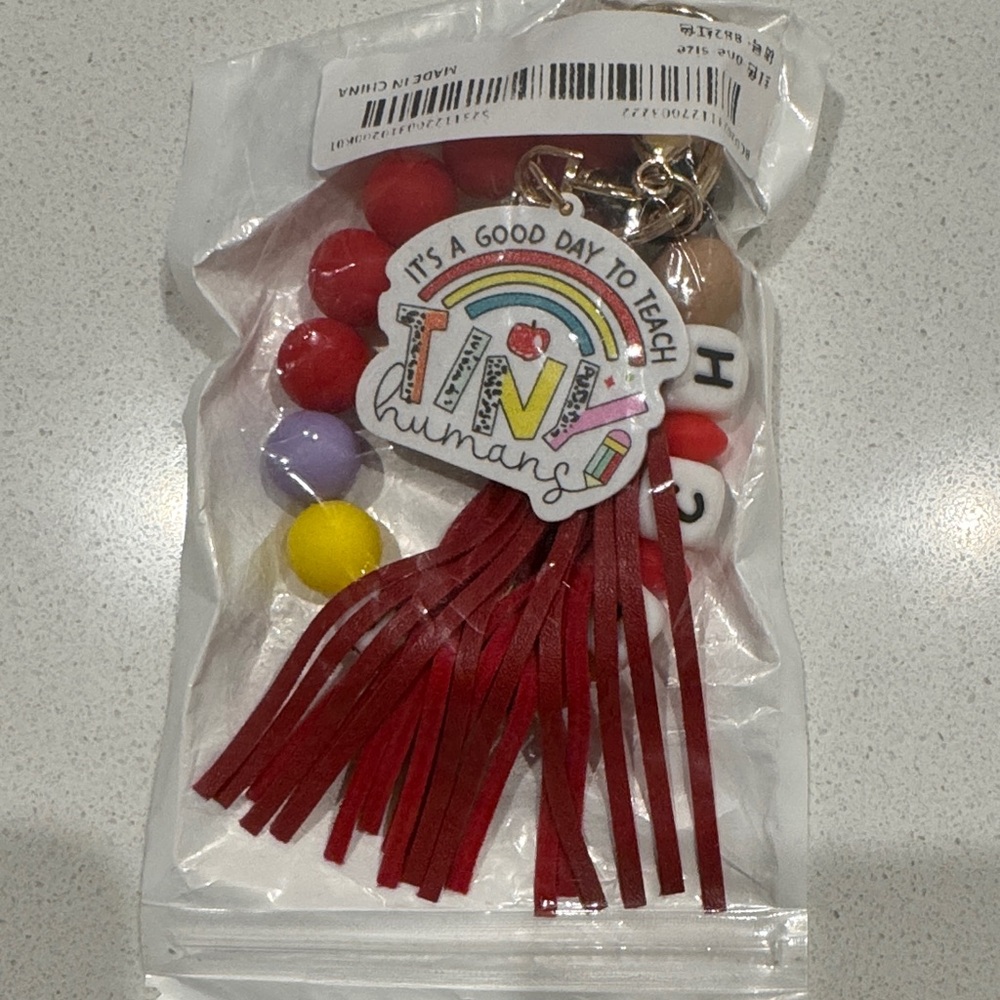 SHEIN Red Tassel Beaded Keychain Card Holder Charm